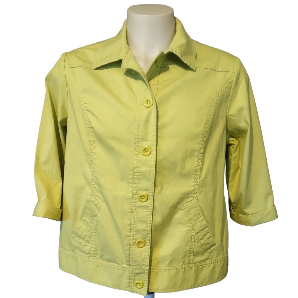 Chico's Jean Jacket Ladies Womens 3 Large Stretch Pockets Green Button Up Cotton